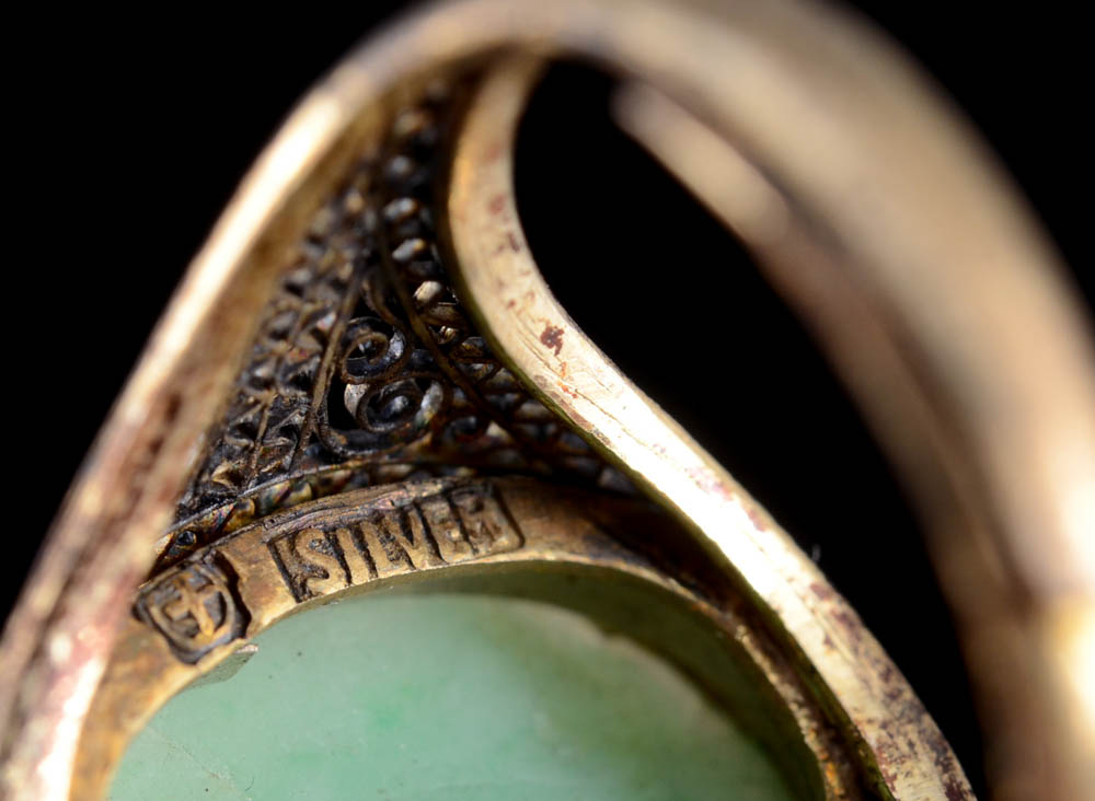 Early 20th Century Chinese Export 830 Silver and Carved Jadeite Filigree Ring