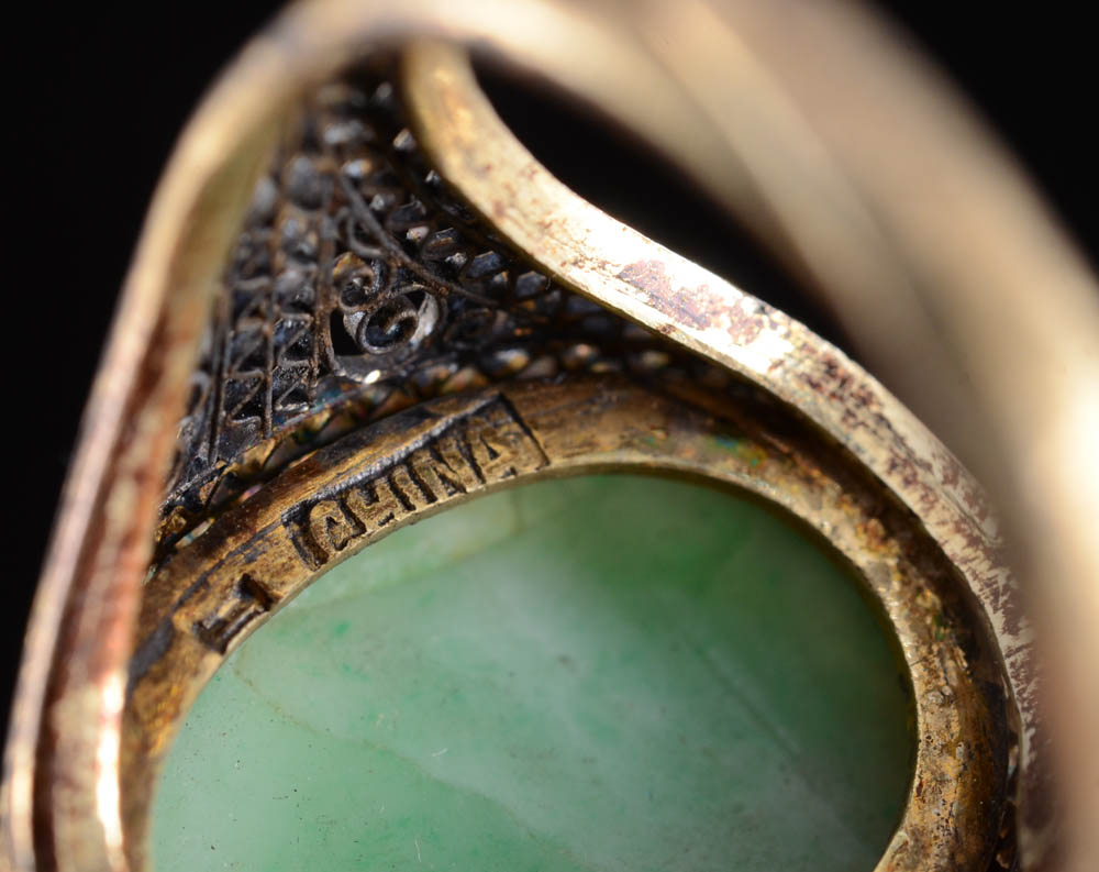 Early 20th Century Chinese Export 830 Silver and Carved Jadeite Filigree Ring