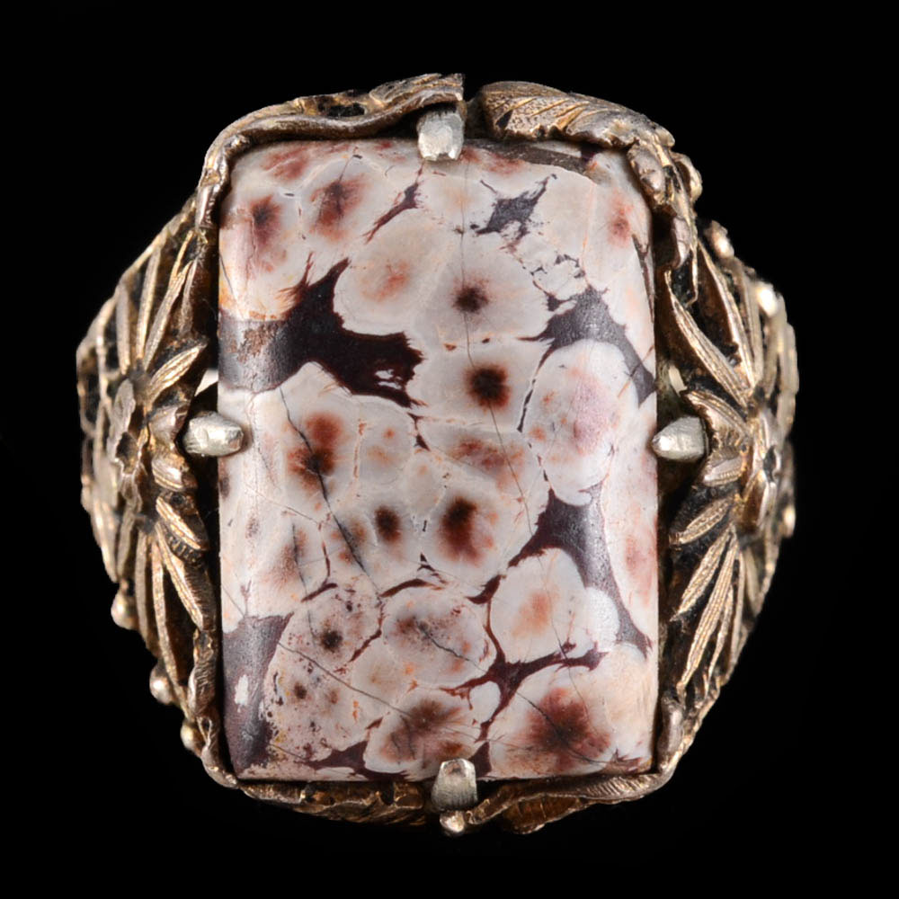 Early 20th Century Chinese Export 850 Silver and Leopard Jasper Openwork Ring