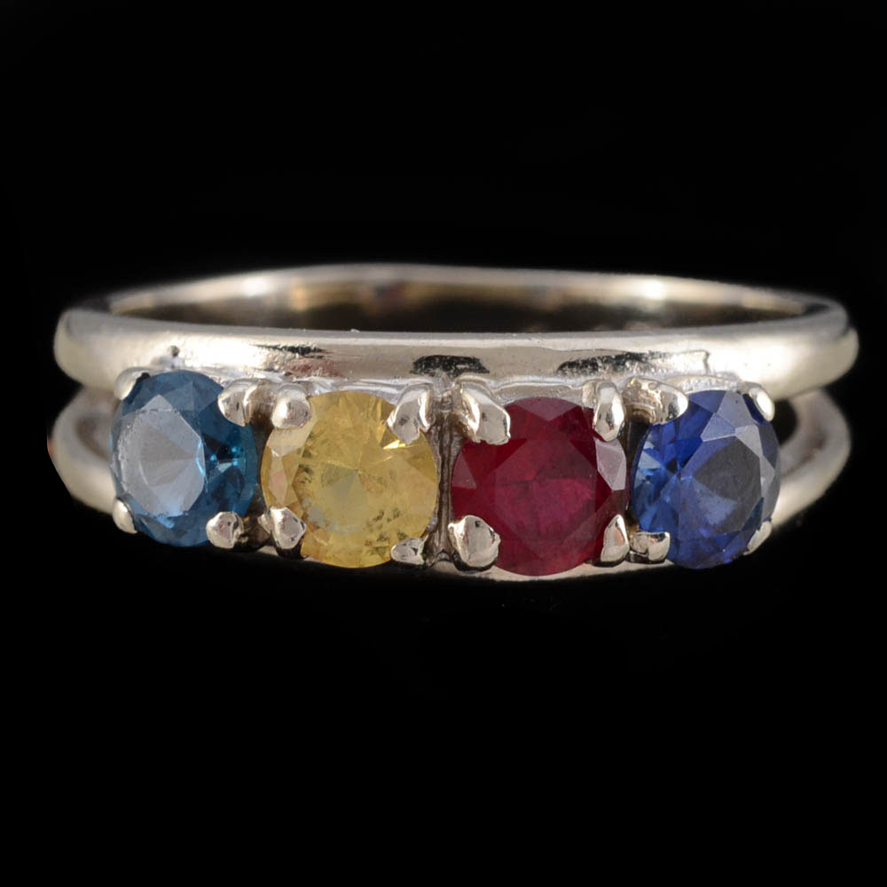 14K White Gold "Mother's Ring" with Multi-Colored Synthetic Stones