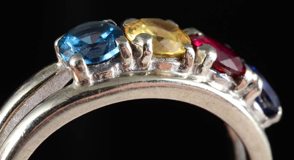 14K White Gold "Mother's Ring" with Multi-Colored Synthetic Stones