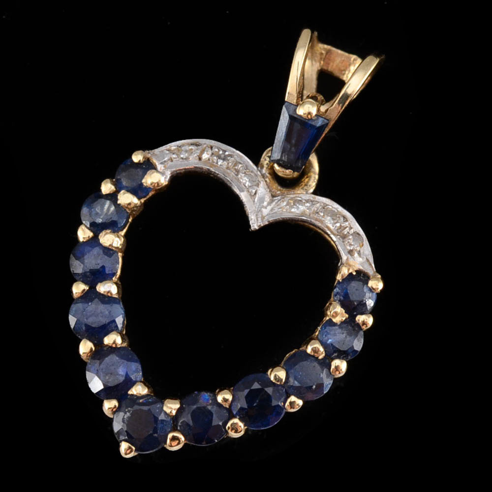14K Yellow Gold Blue Sapphire and Diamond Openwork Heart Shape Dangle Pendant