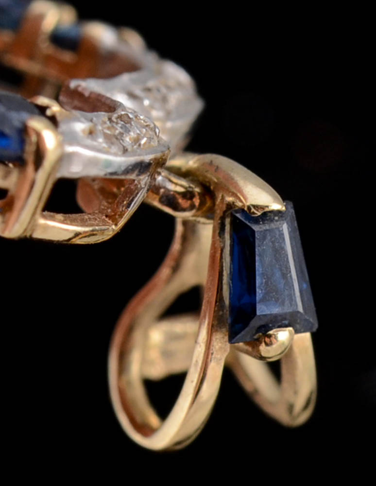 14K Yellow Gold Blue Sapphire and Diamond Openwork Heart Shape Dangle Pendant