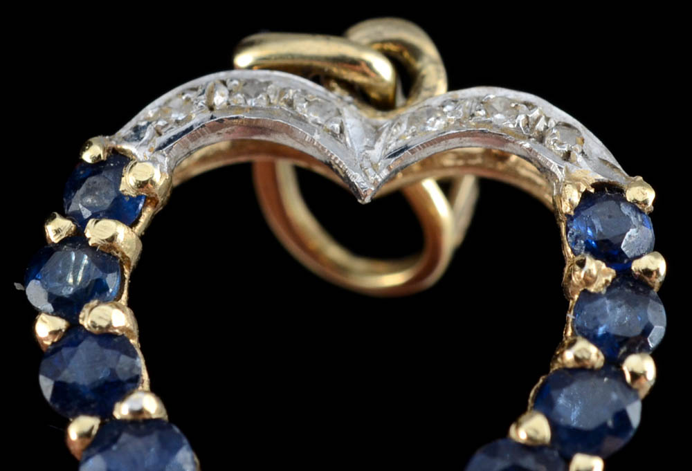14K Yellow Gold Blue Sapphire and Diamond Openwork Heart Shape Dangle Pendant
