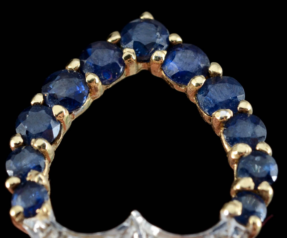 14K Yellow Gold Blue Sapphire and Diamond Openwork Heart Shape Dangle Pendant