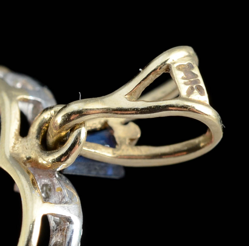 14K Yellow Gold Blue Sapphire and Diamond Openwork Heart Shape Dangle Pendant