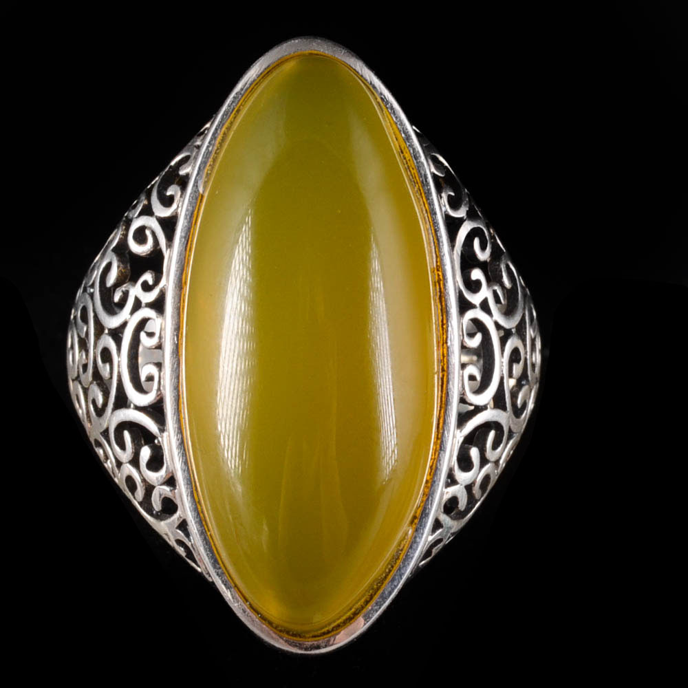 Sterling Silver Tibetan Dyed Yellow Chalcedony Ring with Openwork Scrolls