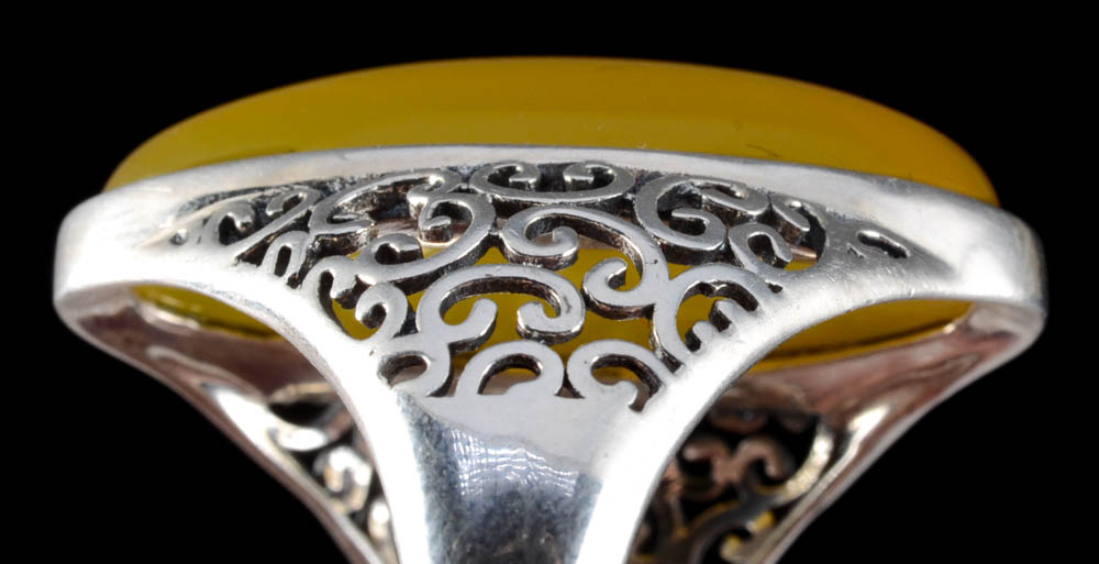 Sterling Silver Tibetan Dyed Yellow Chalcedony Ring with Openwork Scrolls