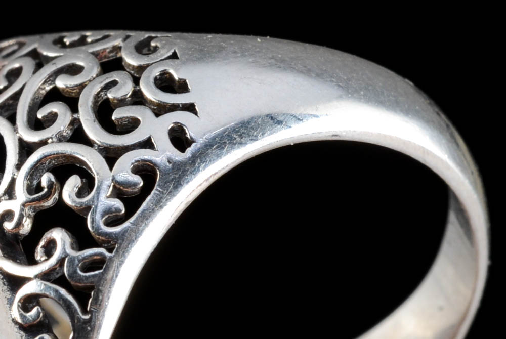 Sterling Silver Tibetan Dyed Yellow Chalcedony Ring with Openwork Scrolls