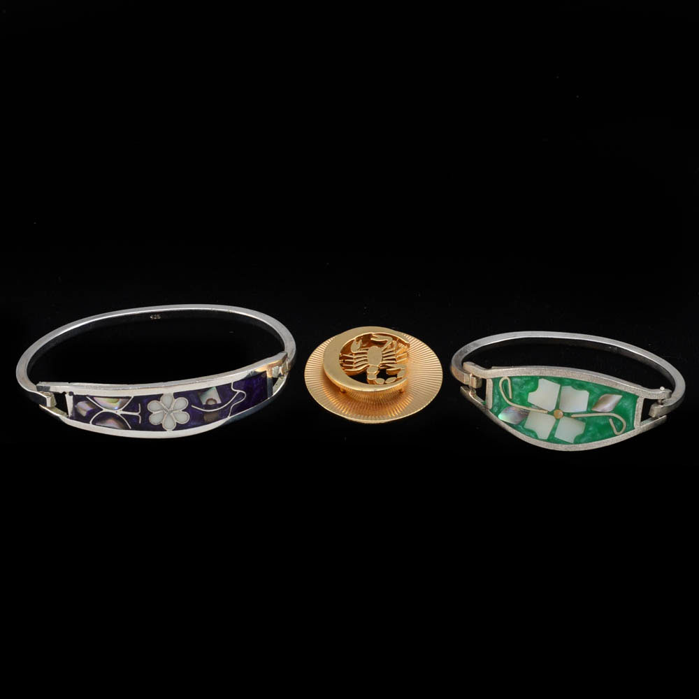 Group of Mexican Inlaid Hinge Bracelets and a Goldtone Scorpion Costume Pin