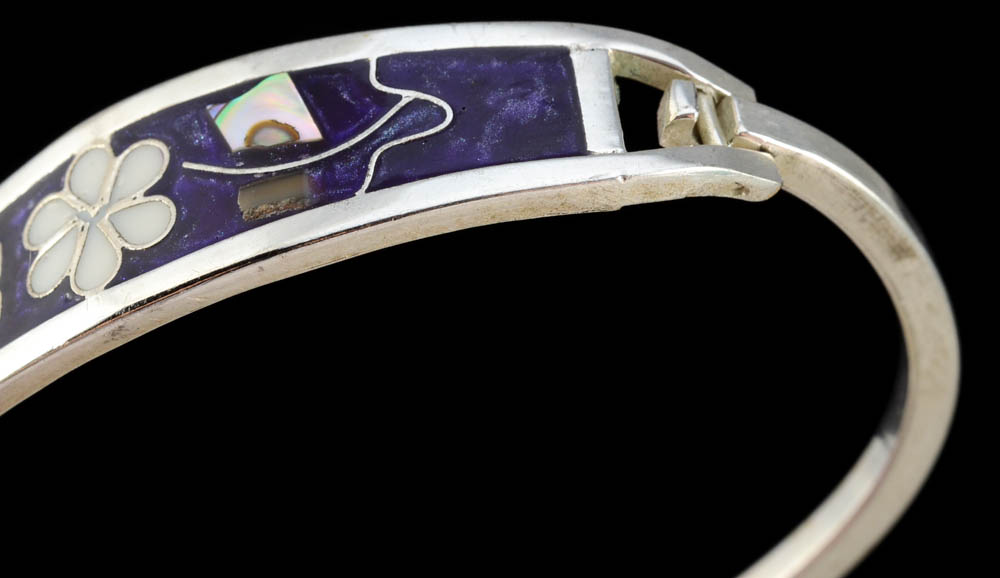 Group of Mexican Inlaid Hinge Bracelets and a Goldtone Scorpion Costume Pin