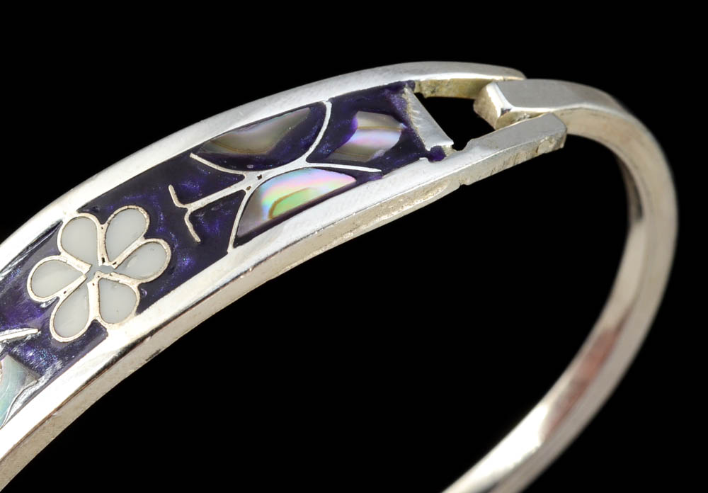 Group of Mexican Inlaid Hinge Bracelets and a Goldtone Scorpion Costume Pin