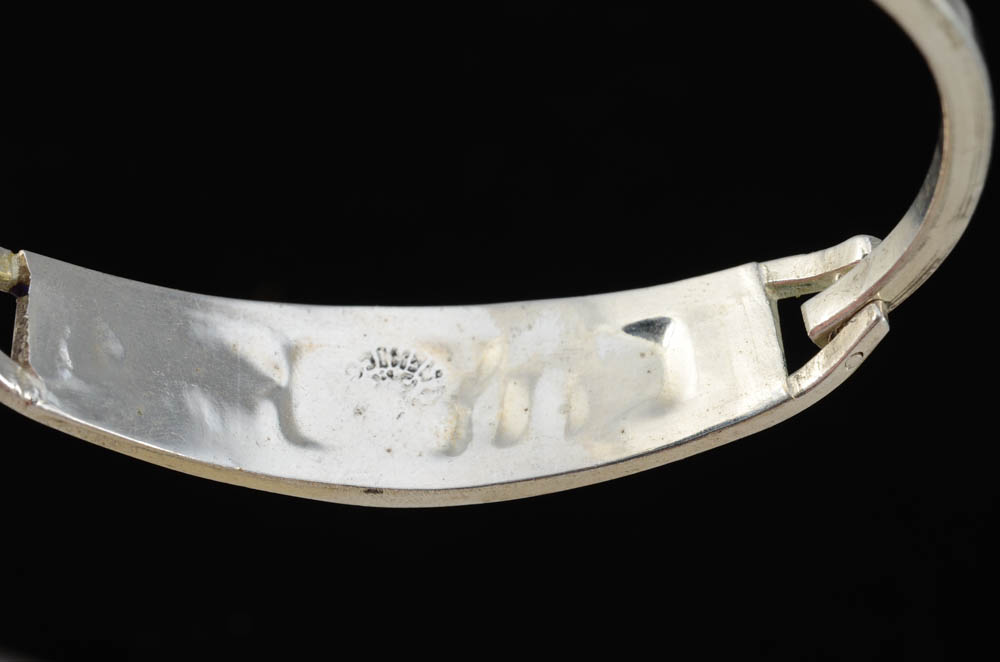 Group of Mexican Inlaid Hinge Bracelets and a Goldtone Scorpion Costume Pin