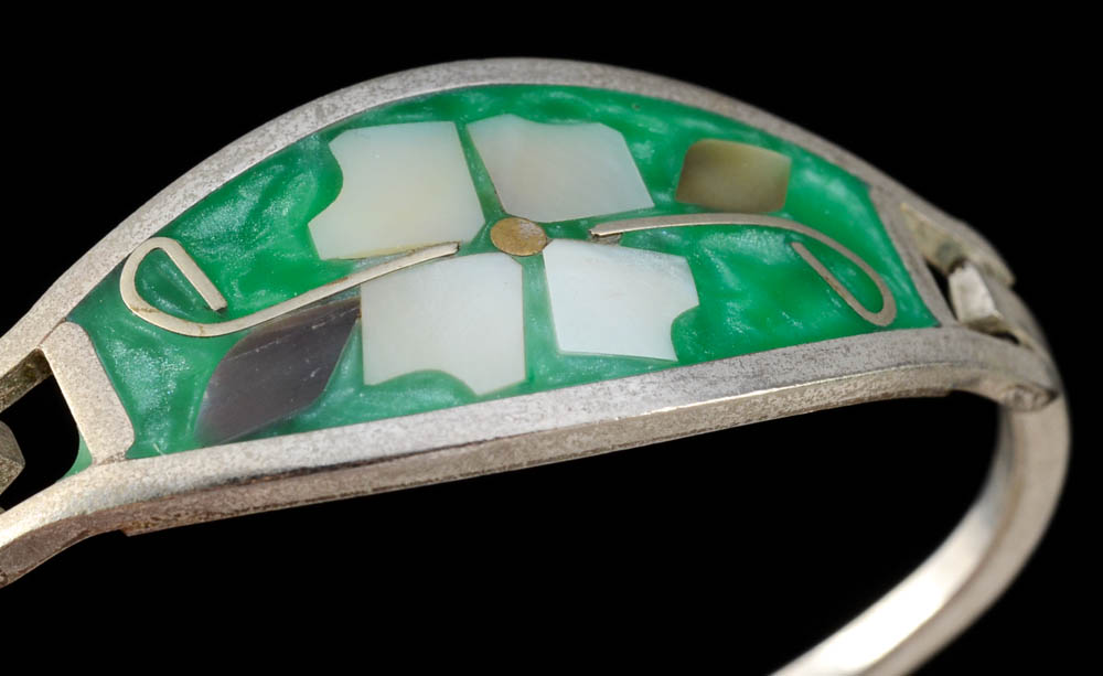 Group of Mexican Inlaid Hinge Bracelets and a Goldtone Scorpion Costume Pin