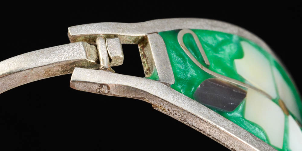 Group of Mexican Inlaid Hinge Bracelets and a Goldtone Scorpion Costume Pin