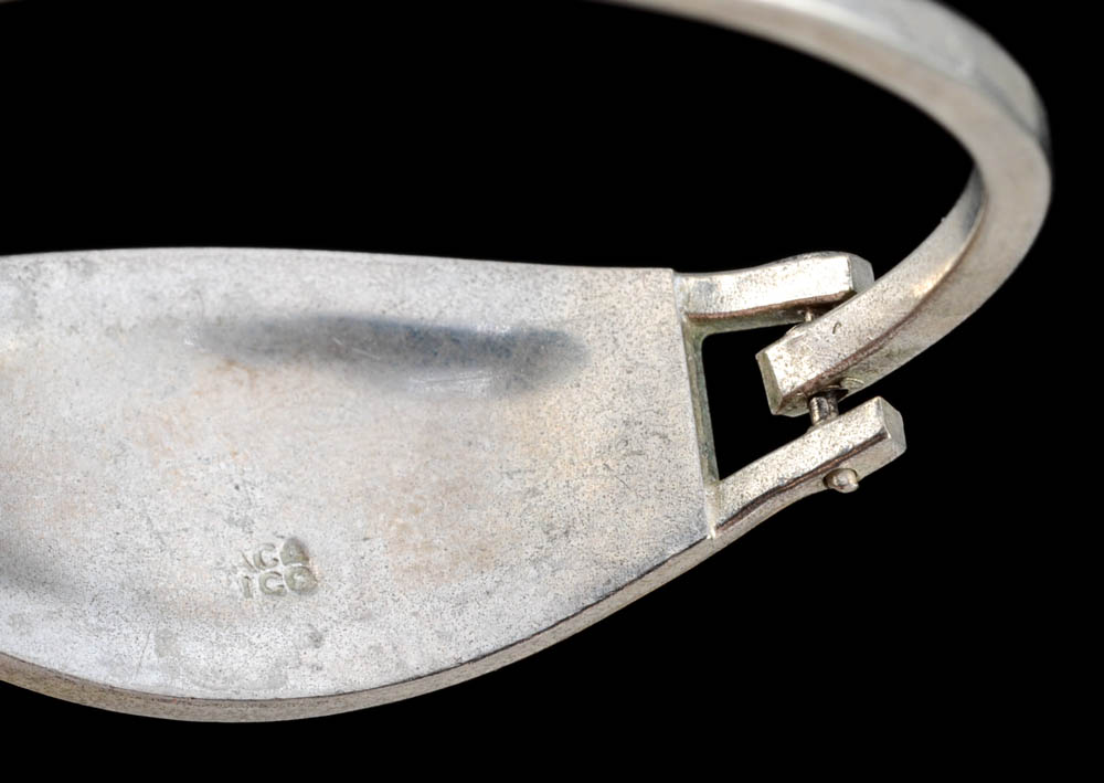 Group of Mexican Inlaid Hinge Bracelets and a Goldtone Scorpion Costume Pin