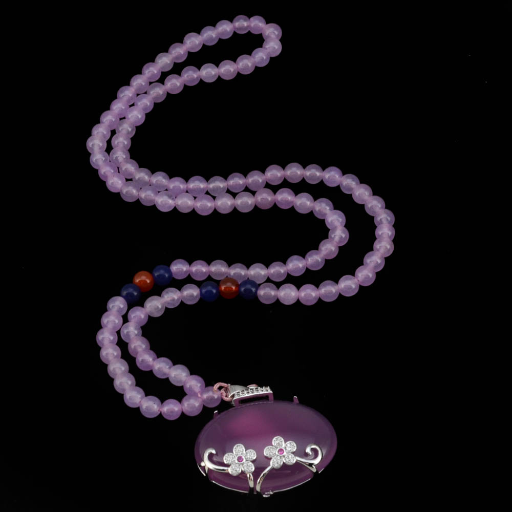 Chinese Dyed Quartzite and Lavender Quartz, Carnelian Beaded Necklace with Dyed Chalcedony Pendant