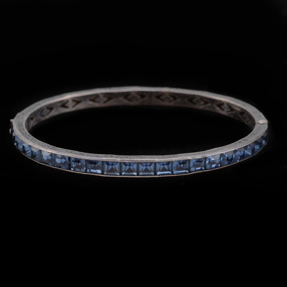 Vintage Sterling Silver Hinge Bangle with Blue Glass Stones and Engraving