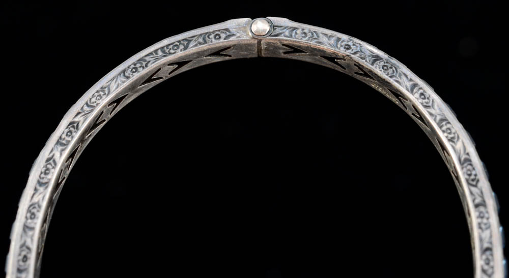 Vintage Sterling Silver Hinge Bangle with Blue Glass Stones and Engraving