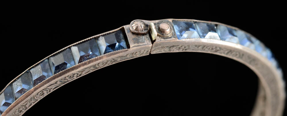 Vintage Sterling Silver Hinge Bangle with Blue Glass Stones and Engraving