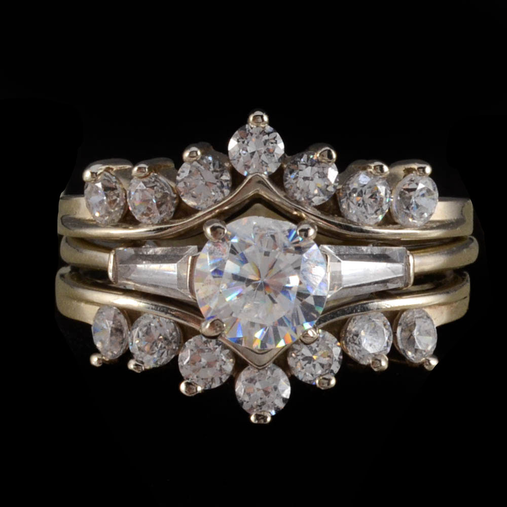 14K White Gold and Simulated Diamond Wedding Ring Set