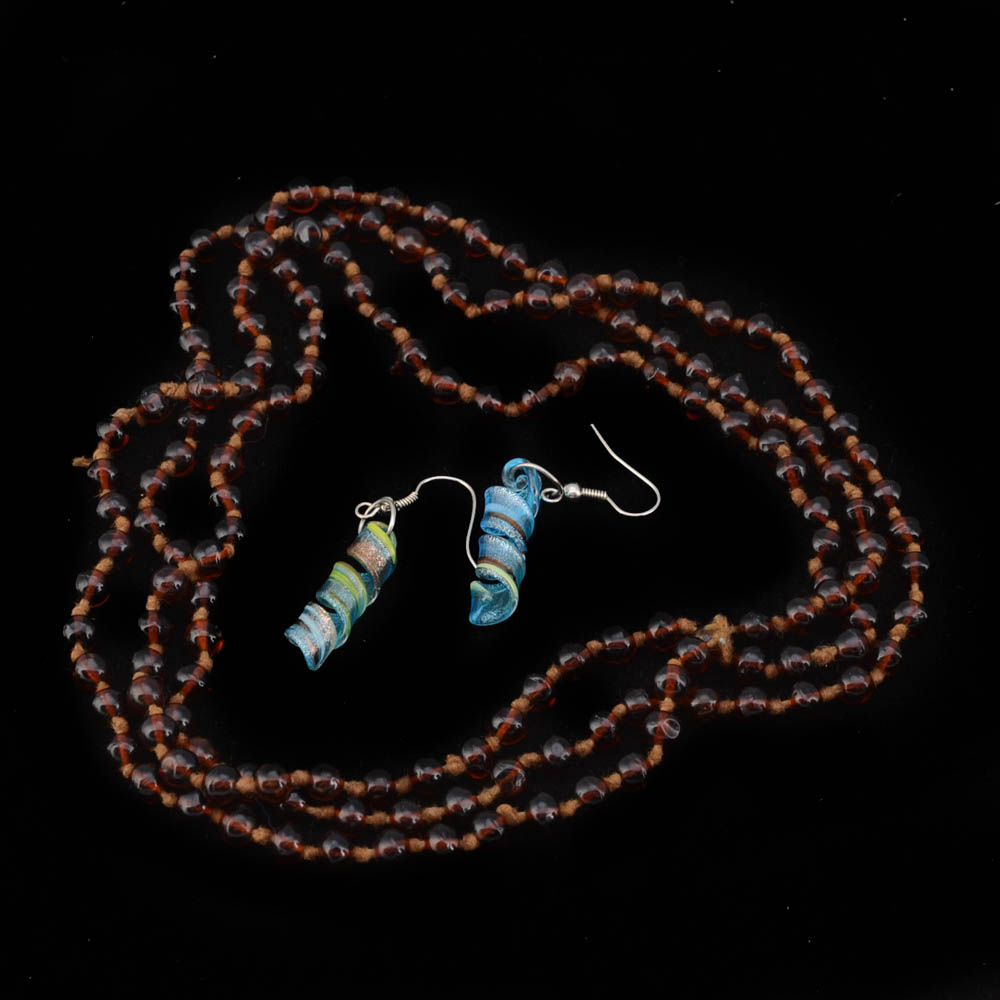 Vintage Double Knotted Amber Glass Beaded Necklace and Handblown Glass Dangle Earrings