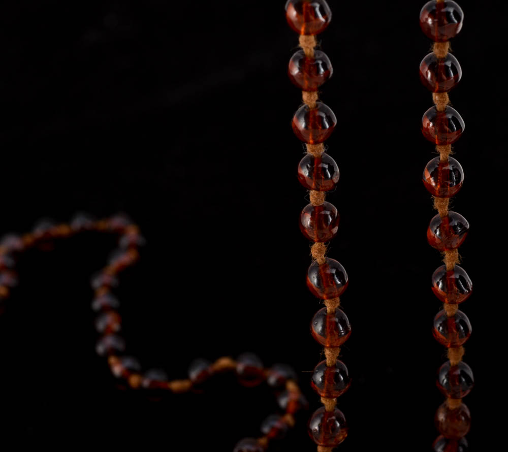 Vintage Double Knotted Amber Glass Beaded Necklace and Handblown Glass Dangle Earrings