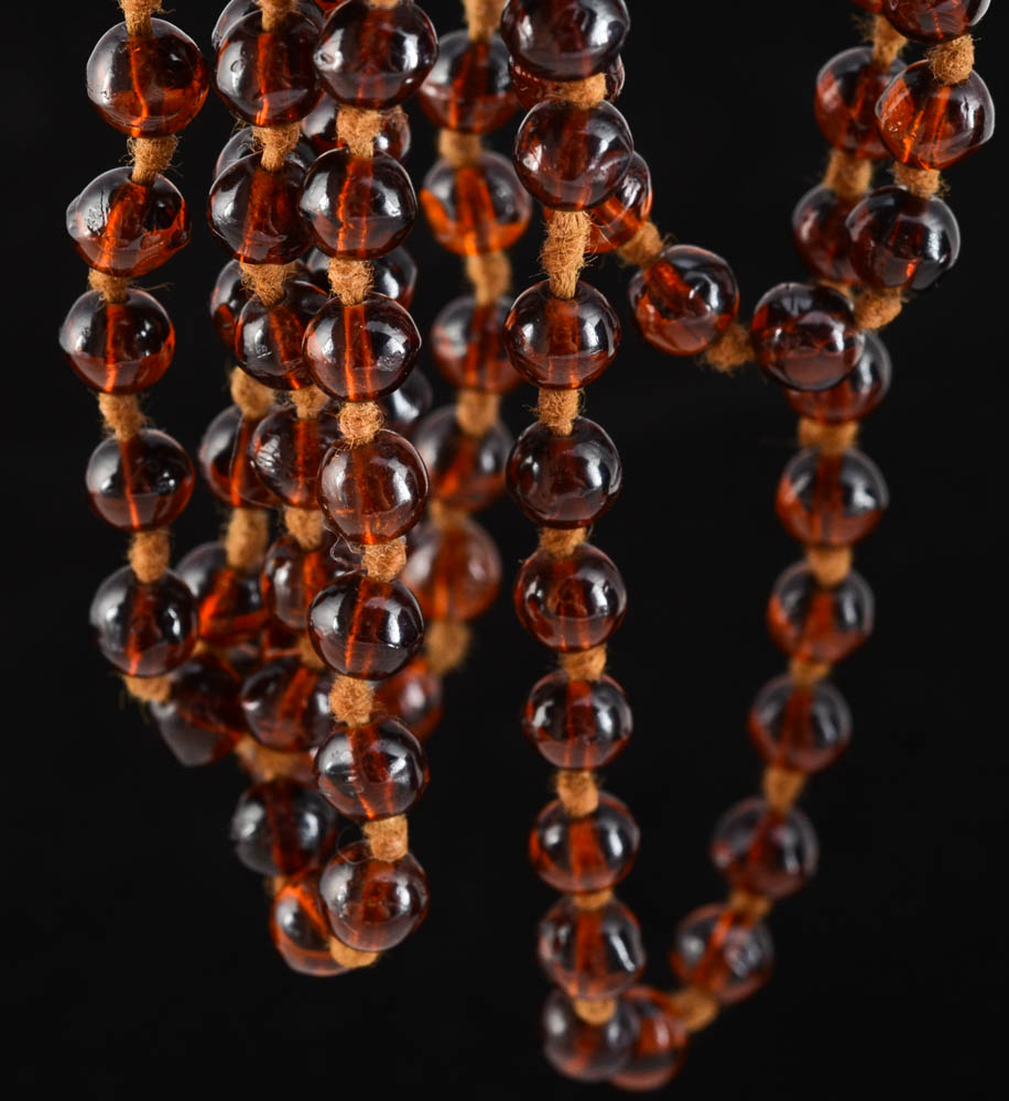 Vintage Double Knotted Amber Glass Beaded Necklace and Handblown Glass Dangle Earrings