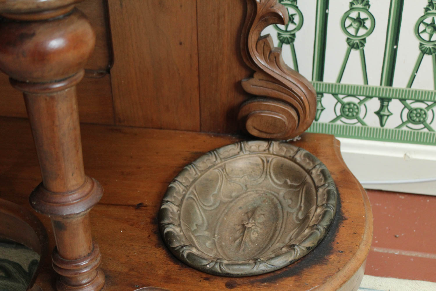 Antique Victorian Style Walnut Hall Tree with Marble Top