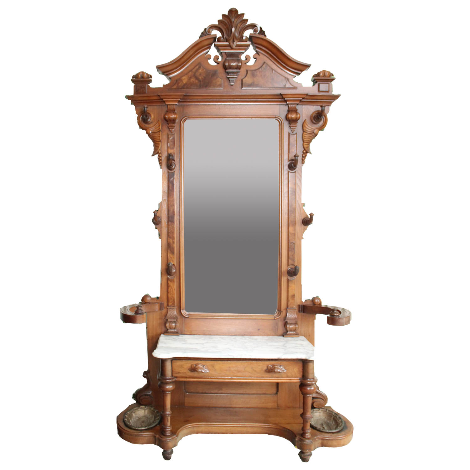 Antique Victorian Style Walnut Hall Tree with Marble Top