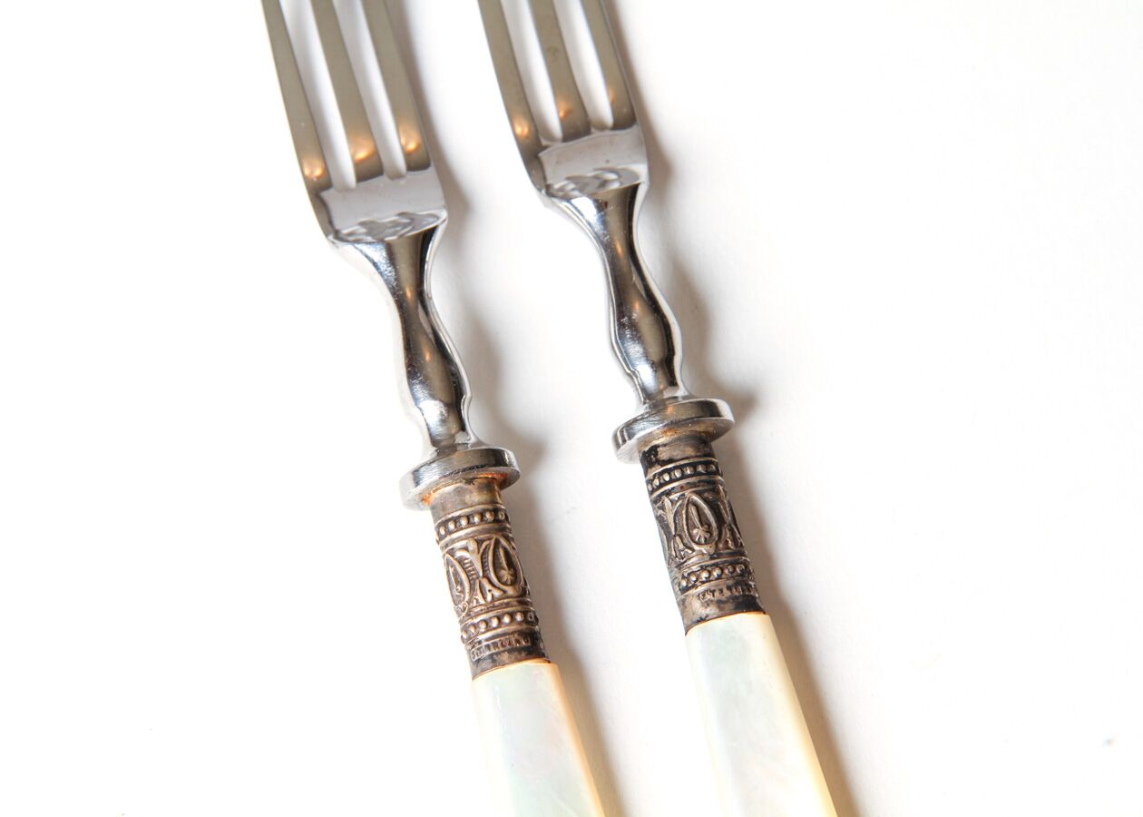 Set of Four Vintage Mother-of-Pearl and Sterling Silver Fruit Forks