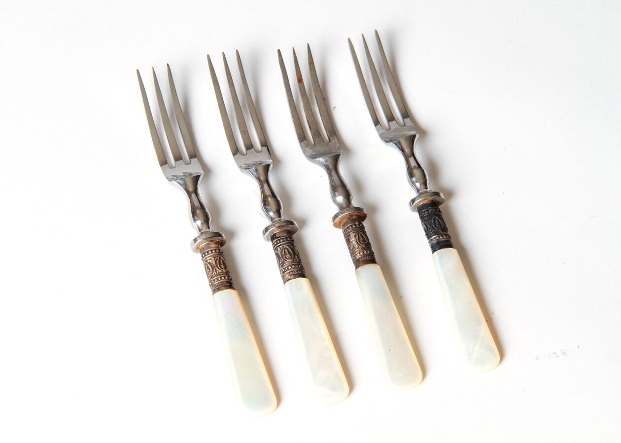 Set of Four Vintage Mother-of-Pearl and Sterling Silver Fruit Forks