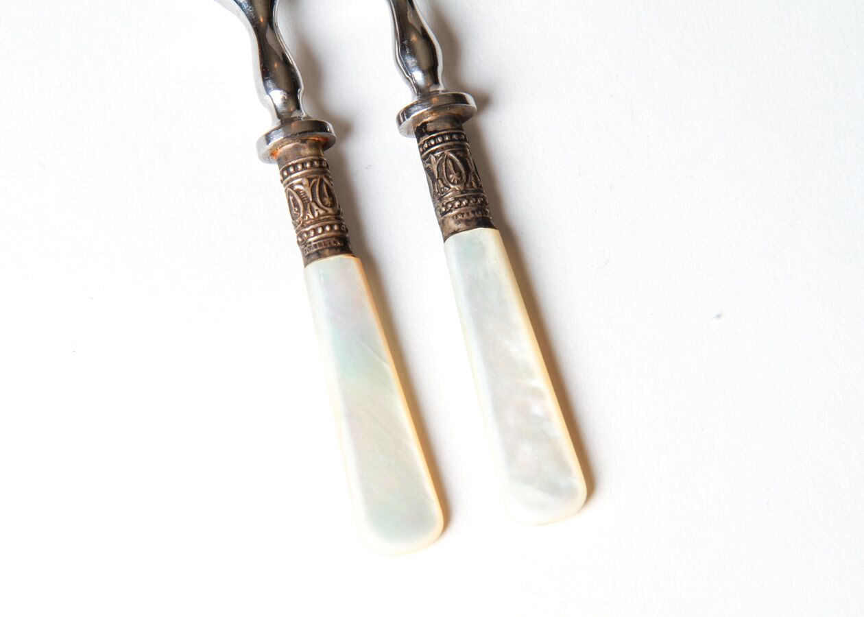 Set of Four Vintage Mother-of-Pearl and Sterling Silver Fruit Forks