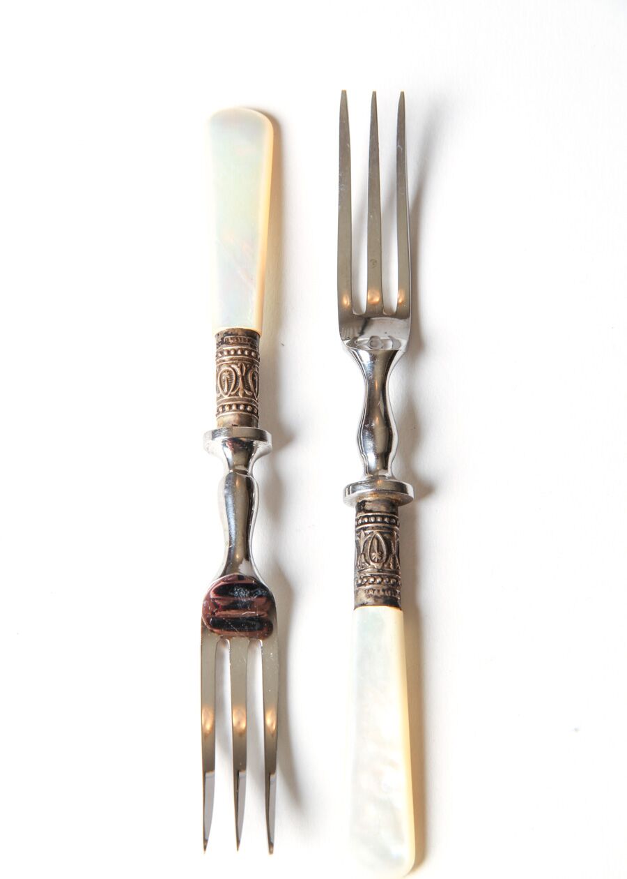 Set of Four Vintage Mother-of-Pearl and Sterling Silver Fruit Forks