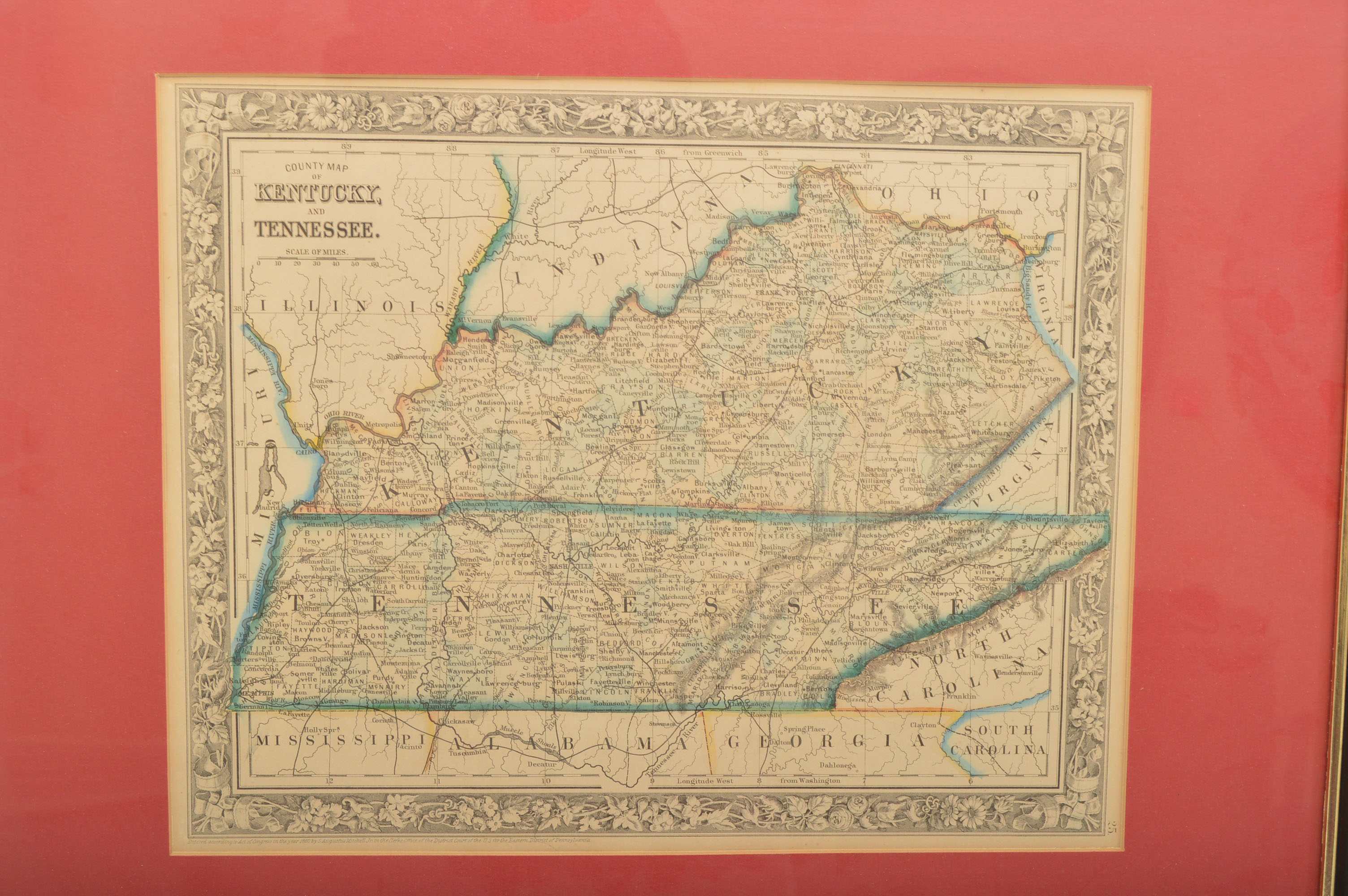1860 Original Hand Colored Map of Kentucky and Tennessee
