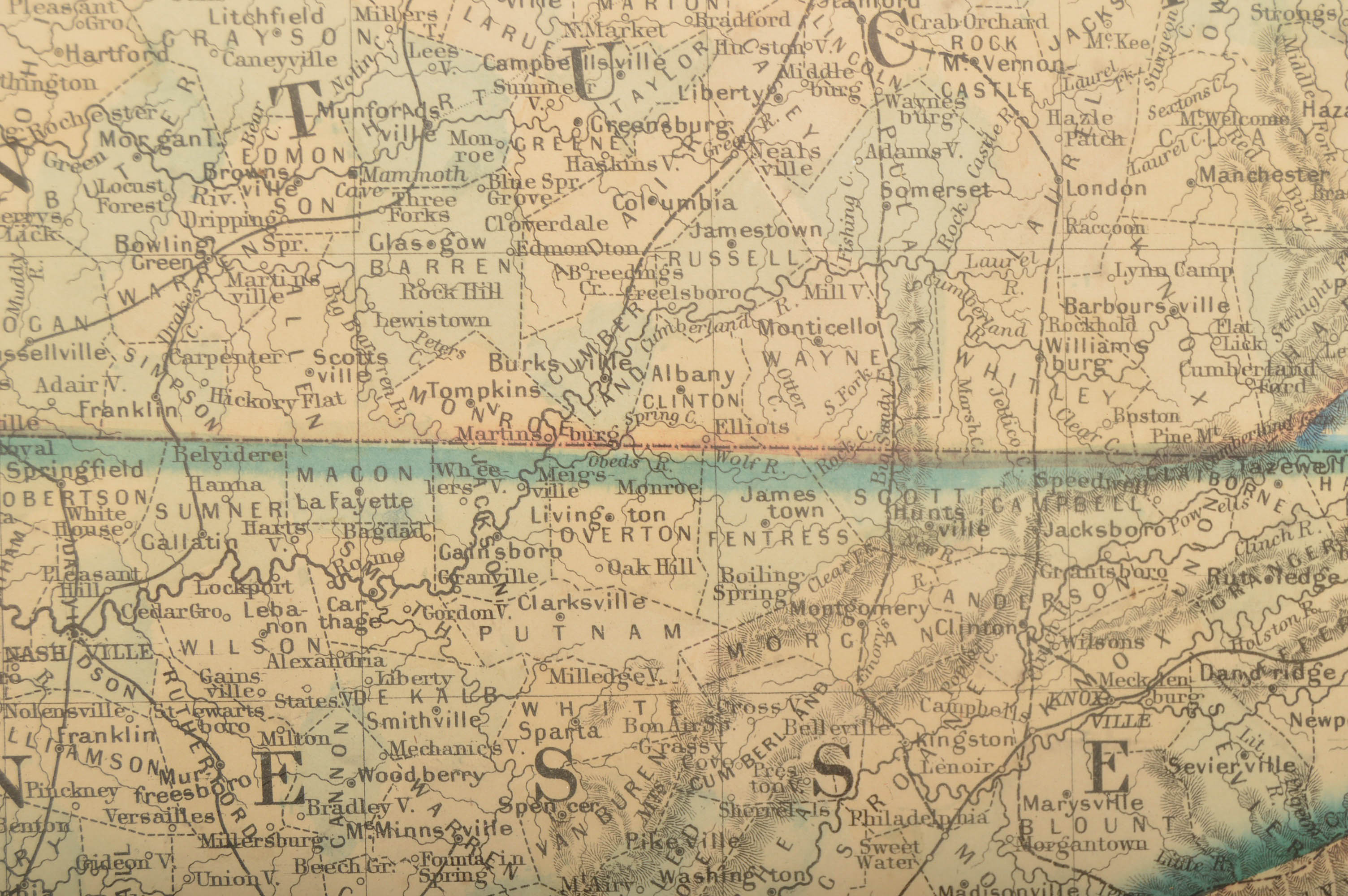 1860 Original Hand Colored Map of Kentucky and Tennessee