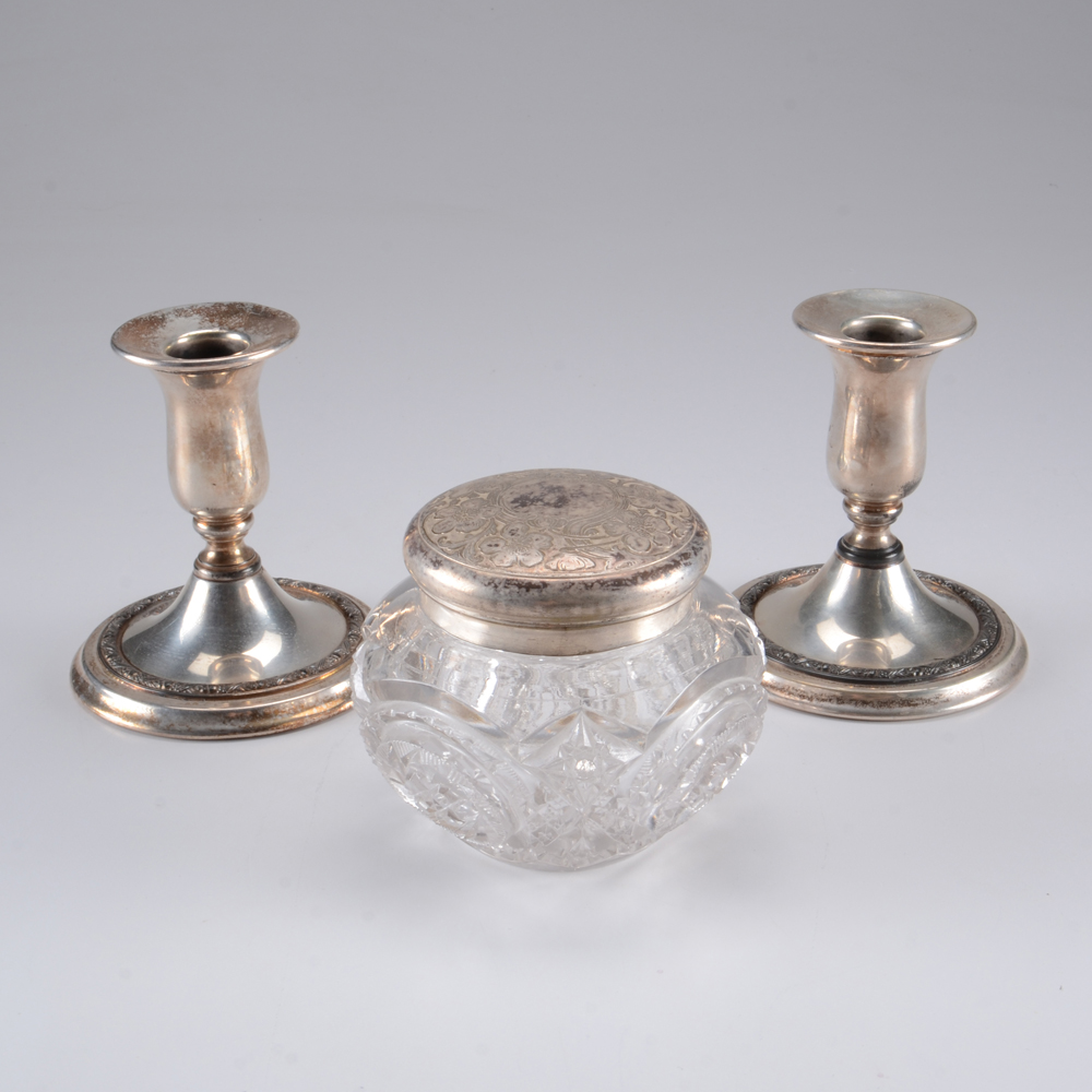 Pair of Silver Plate Candlestick Holders and Stamped Glass Powder Jar