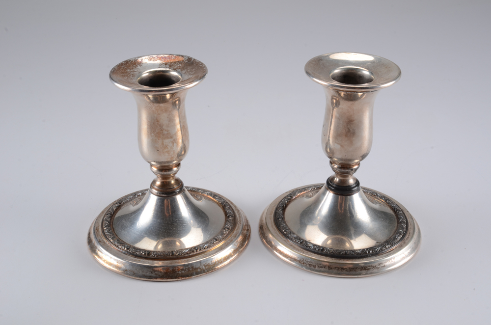 Pair of Silver Plate Candlestick Holders and Stamped Glass Powder Jar