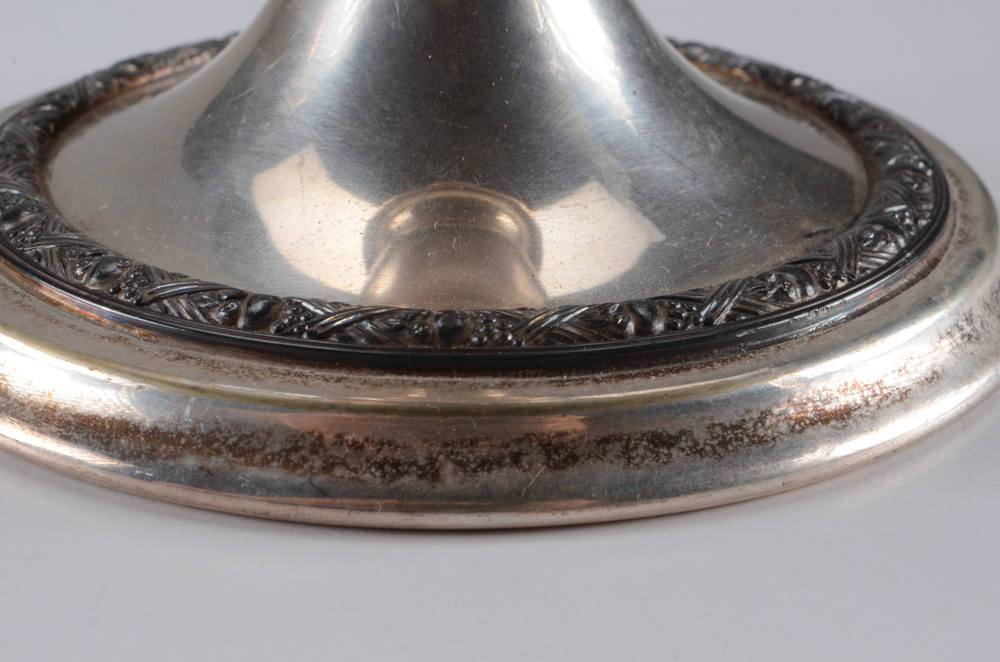 Pair of Silver Plate Candlestick Holders and Stamped Glass Powder Jar