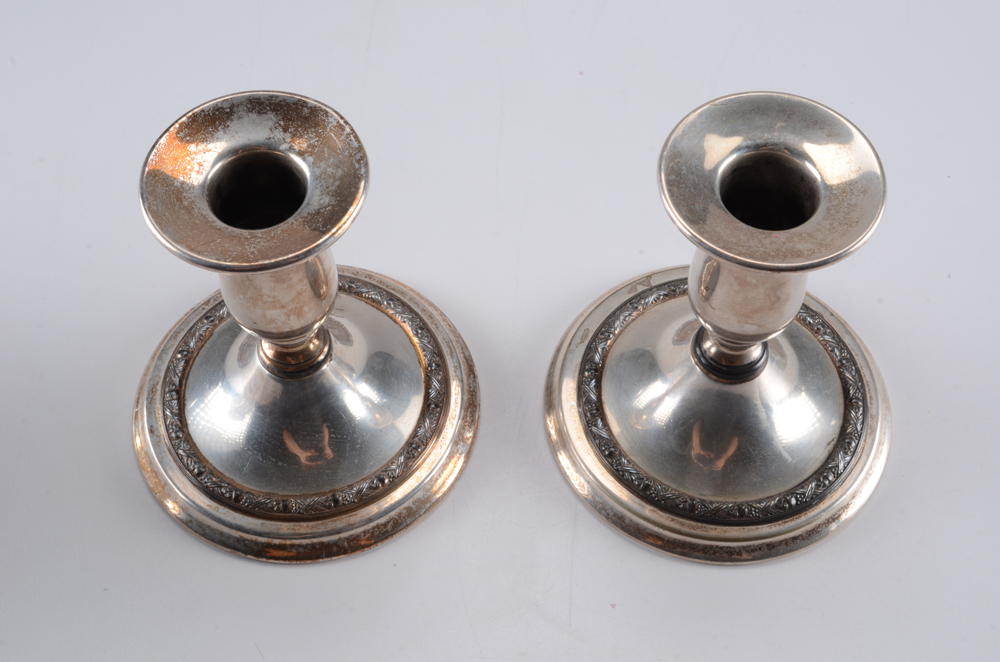 Pair of Silver Plate Candlestick Holders and Stamped Glass Powder Jar