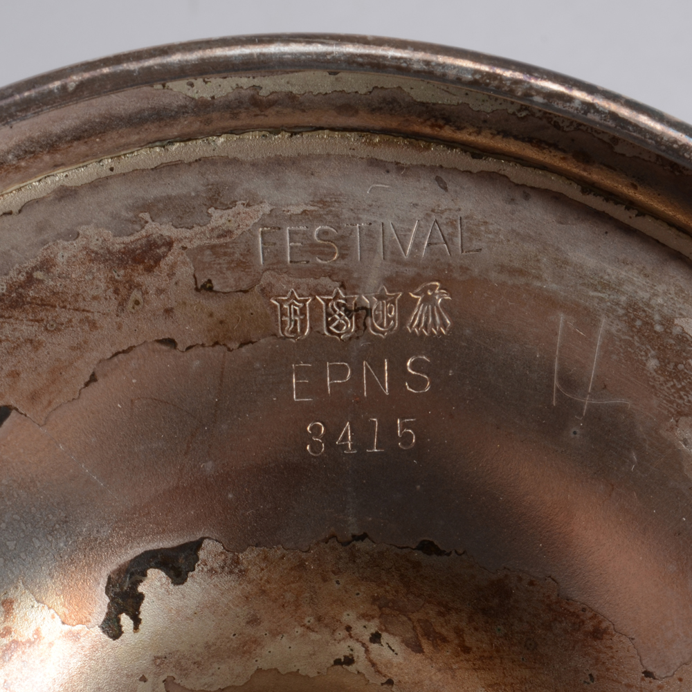 Pair of Silver Plate Candlestick Holders and Stamped Glass Powder Jar