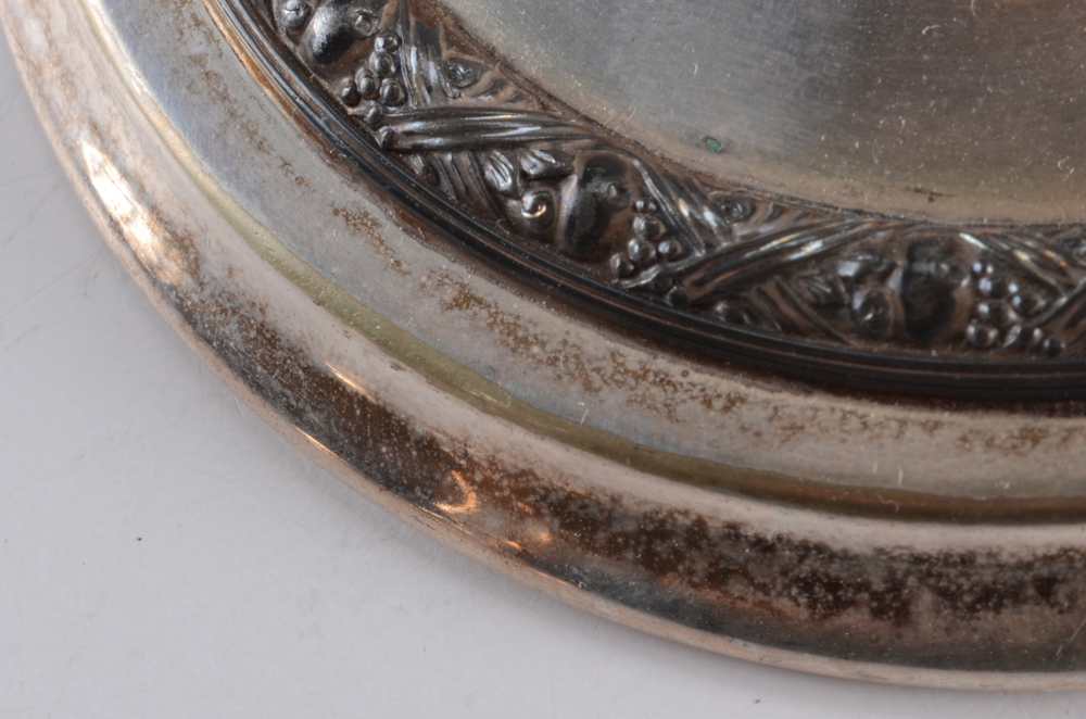 Pair of Silver Plate Candlestick Holders and Stamped Glass Powder Jar