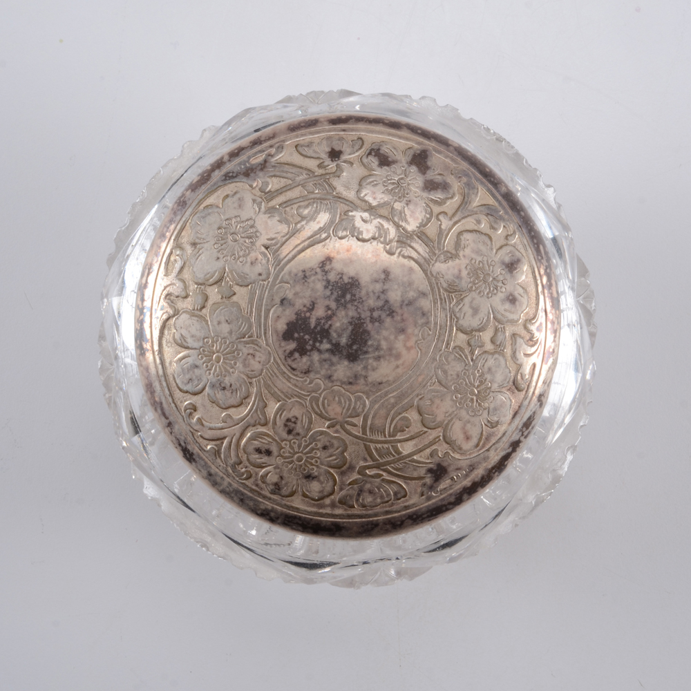 Pair of Silver Plate Candlestick Holders and Stamped Glass Powder Jar