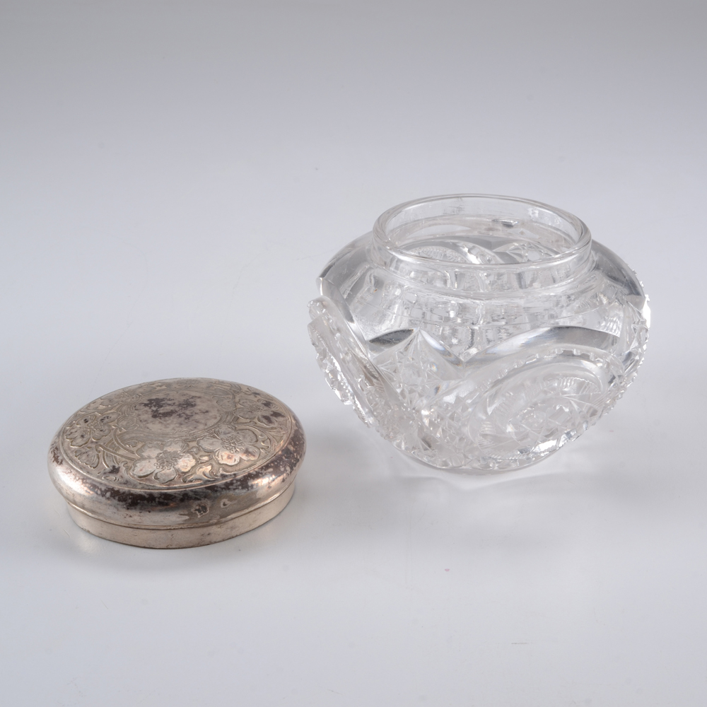 Pair of Silver Plate Candlestick Holders and Stamped Glass Powder Jar