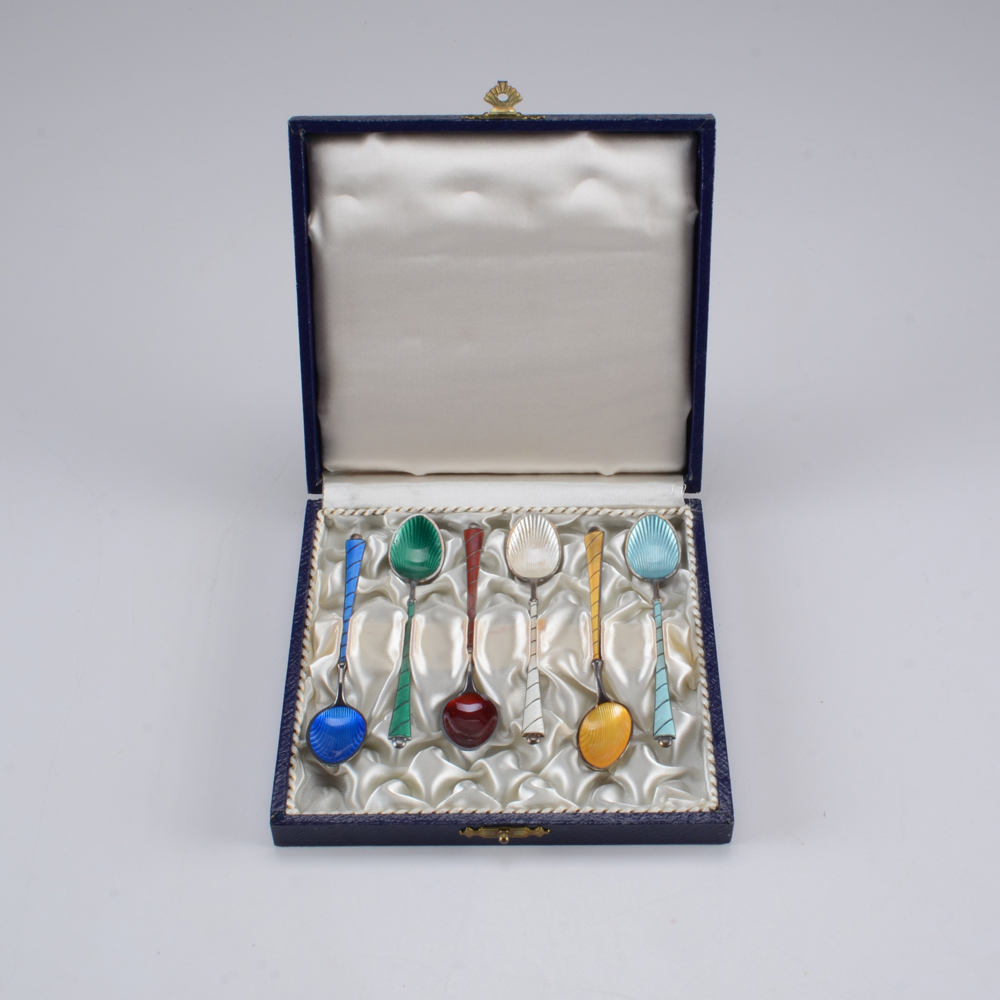 Vintage Set of Sterling Silver Enamelled Demitasse Spoons