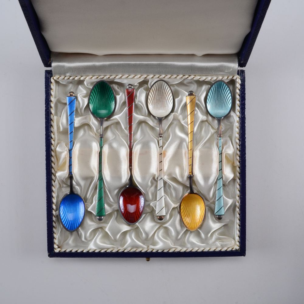 Vintage Set of Sterling Silver Enamelled Demitasse Spoons