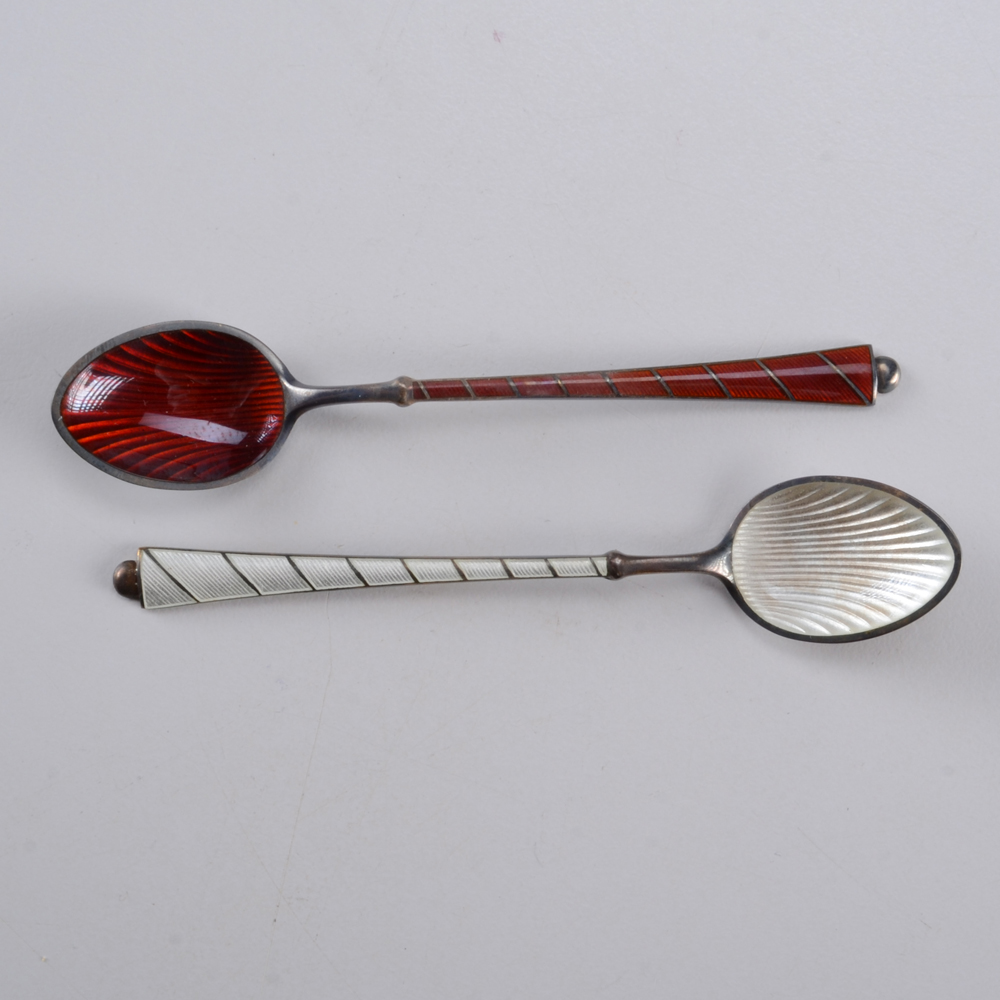 Vintage Set of Sterling Silver Enamelled Demitasse Spoons