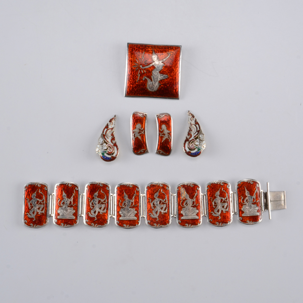 Collection of Red Enamel Siam Sterling Nielloware Jewelry