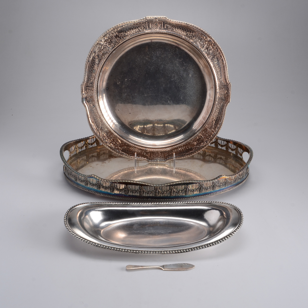 Collection of Silver Plate Platters and Butter Knife