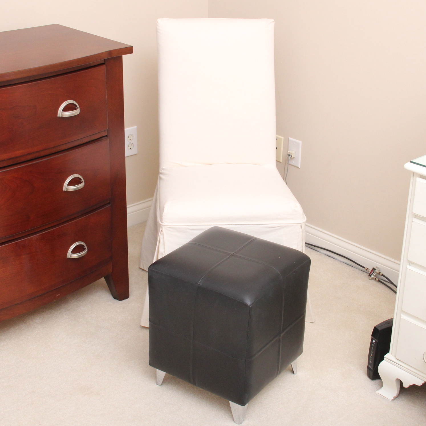 Linen Upholstered Chair and Leatherette Ottoman